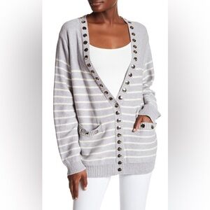 THOMAS WYLDE Gray & White Striped Oversized Studded Cardigan Sweater Sz M